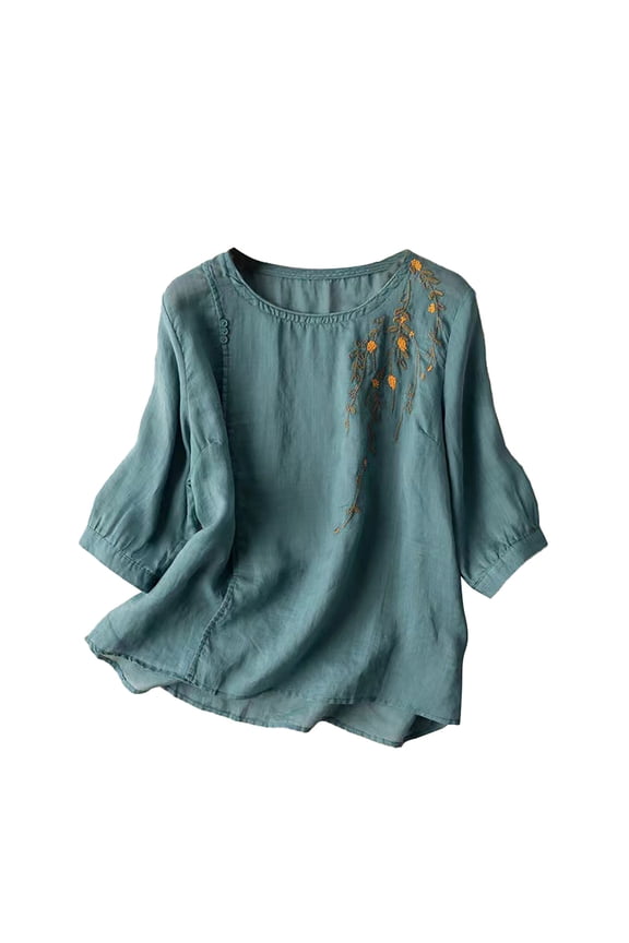 2025 Embroidered Linen Shirts for Women - 3/4 Sleeve Boho Vacation Tops (Retro Summer Blouses, Beach Casual) Blue L