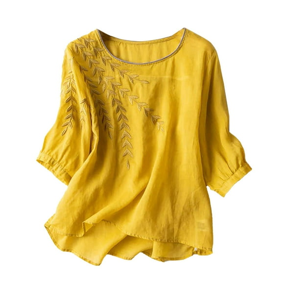 Yubnlvae 2025 Embroidered Linen Shirts for Women - 3/4 Sleeve Boho Vacation Tops (Retro Summer Blouses, Beach Casual) Yellow XXL