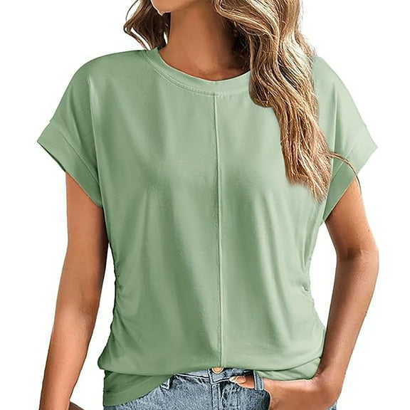 Yubnlvae 2025 Spring Ruched Side Tops for Women - Cap Sleeve Round Neck Summer Blouses (Casual & Vacation Ready) Green 1 S