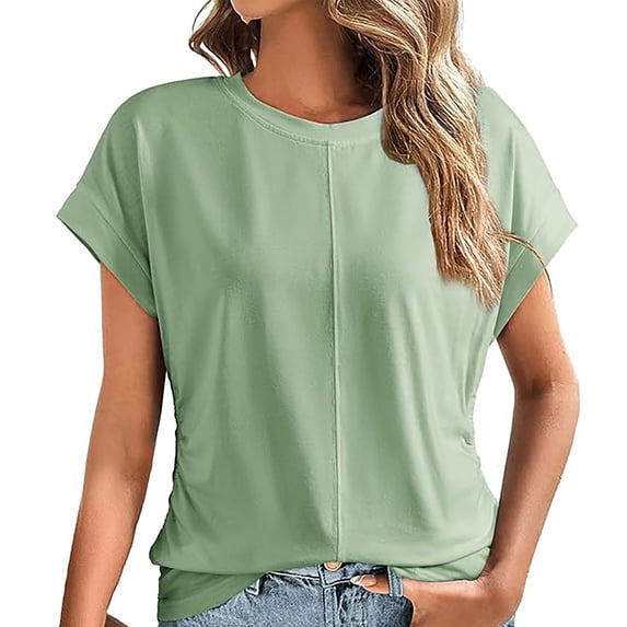 Yubnlvae 2025 Spring Ruched Side Tops for Women - Cap Sleeve Round Neck Summer Blouses (Casual & Vacation Ready) Green 1 XL