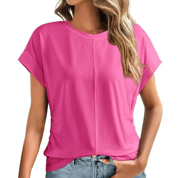 Yubnlvae 2025 Spring Ruched Side Tops for Women - Cap Sleeve Round Neck Summer Blouses (Casual & Vacation Ready) Hot Pink XL