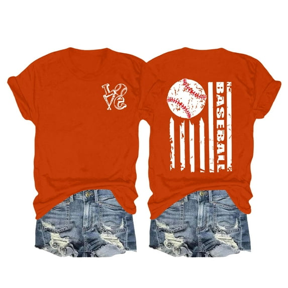 Yubnlvae 2025 Women's Baseball Print T-Shirt Loose Fit Short Sleeve Casual Graphic Summer Top, Orange, 3Xl