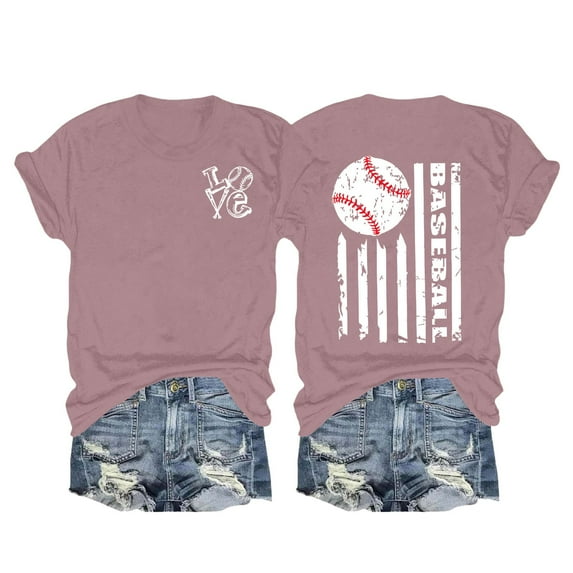 Yubnlvae 2025 Women's Baseball Print T-Shirt Loose Fit Short Sleeve Casual Graphic Summer Top, Pink, S