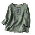 thumbnail image 1 of Yubnlvae 2025 Women's Cotton Linen Seven Quarter Sleeve Embroidered Loose T Shirt Green 3XL, 1 of 6