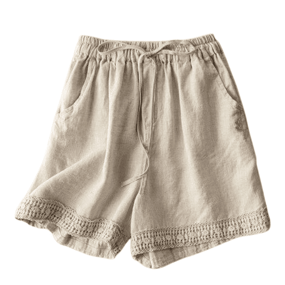 Yubnlvae 2025 Women's Cotton Linen Shorts - Retro Hollow Lace Literary Beige 3XL