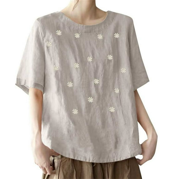 Yubnlvae 2025 Women's Cotton Literary Style Retro Floral Embroidered Short Sleeve Loose T Shirt Grey XXL