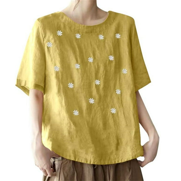 Yubnlvae 2025 Women's Cotton Literary Style Retro Floral Embroidered Short Sleeve Loose T Shirt Yellow XL