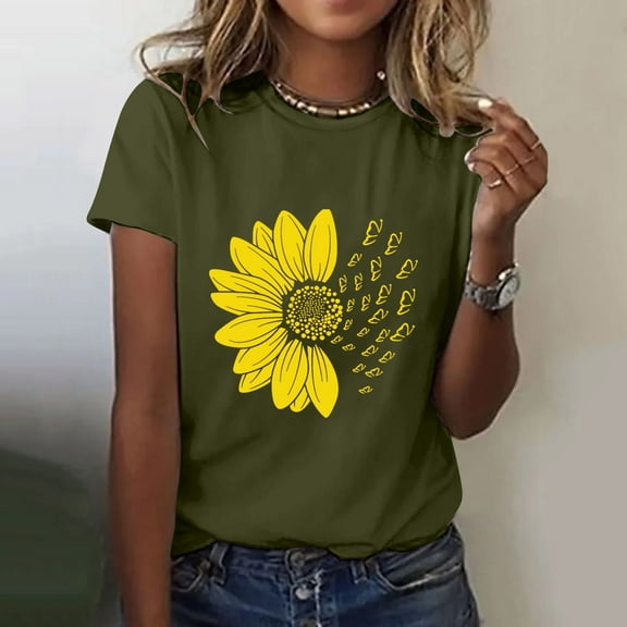 Yubnlvae 2025 Women's Finger Heart Printed Shirt Round Neck Soft Cotton Top | Cute Lightweight Blouse for Summer Dates & Travel, Army Green, Xl