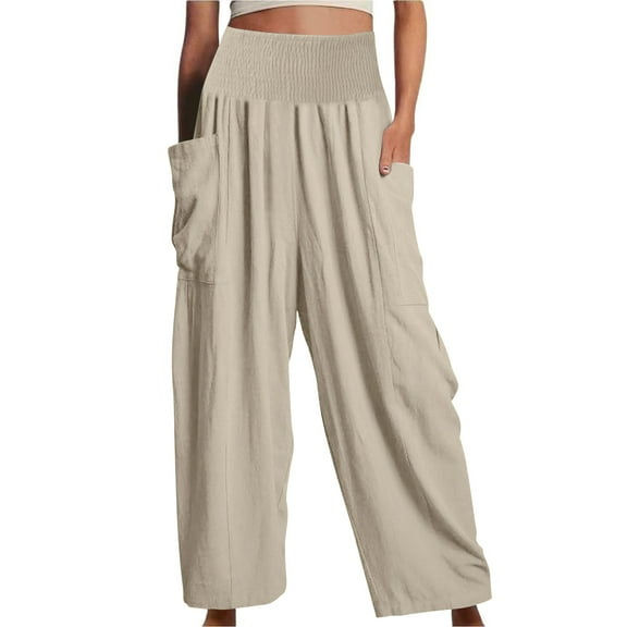Yubnlvae 2025 Women's High Waist Linen Beach Pants Wide Leg Harem Trousers with Pockets | Folk Style Casual & Vacation Style Beige, L