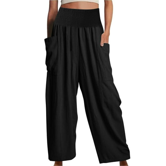 Yubnlvae 2025 Women's High Waist Linen Beach Pants Wide Leg Harem Trousers with Pockets | Folk Style Casual & Vacation Style, Black, Xxl