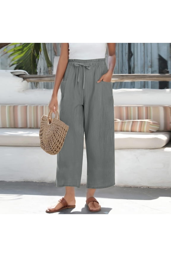 2025 Women's High Waist Linen Beach Pants Wide Leg Harem Trousers with Pockets | Folk Style Casual & Vacation Style, Grey, Xl