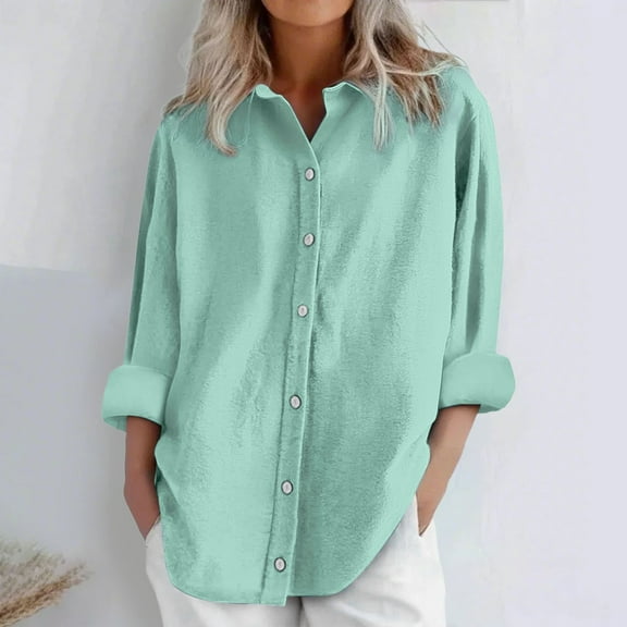 Yubnlvae 2025 Women's Long Sleeve Linen Shirt Loose Fit Casual Blouse | Minimalist Office & Fall Layering Piece, Mint Green, Xxl