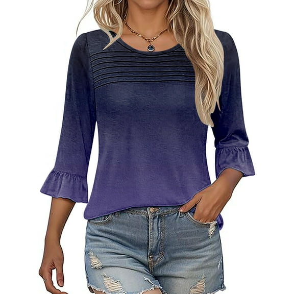 Yubnlvae 2025 Women's Ruffle Bell Sleeve Blouse 3/4 Sleeve Pleated Front Trendy Summer Shirt, Purple, Xxl
