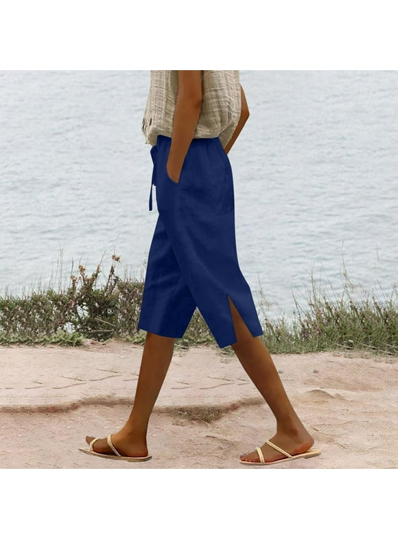 Yubnlvae 2025 Women's Slit Leg Linen Pants High Waist 5/4 Length Wide Leg Trousers | Breathable Summer Beach & Vacation Palazzo Pants Dark Blue, L