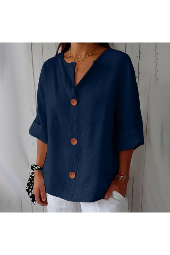 3/4 Sleeve Linen Blend Shirt - Lightweight Top for Spring/Summer Workwear Or Smart Outfits, Women's Peplum T-Shirt Puff Sleeve V-Neck Summer Casual Office Blouse, Blue, Xl