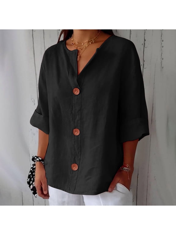 3/4 Sleeve Linen Blend Shirt - Lightweight Top for Spring/Summer Workwear Or Smart Outfits, Women's Peplum T-Shirt Puff Sleeve V-Neck Summer Casual Office Blouse, Black, L