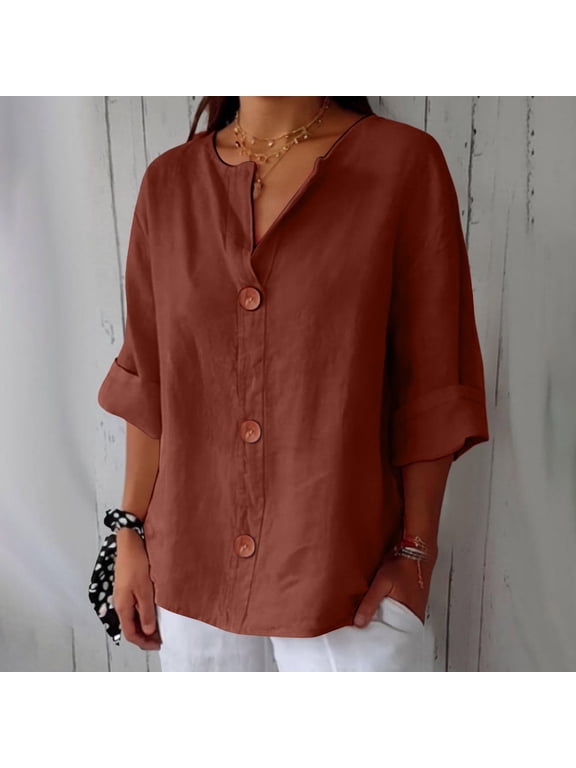 3/4 Sleeve Linen Blend Shirt - Lightweight Top for Spring/Summer Workwear Or Smart Outfits, Women's Peplum T-Shirt Puff Sleeve V-Neck Summer Casual Office Blouse, Coffee, Xl