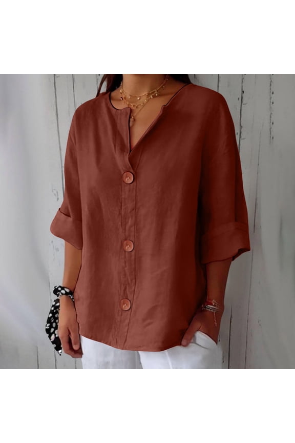 3/4 Sleeve Linen Blend Shirt - Lightweight Top for Spring/Summer Workwear Or Smart Outfits, Women's Peplum T-Shirt Puff Sleeve V-Neck Summer Casual Office Blouse, Coffee, L