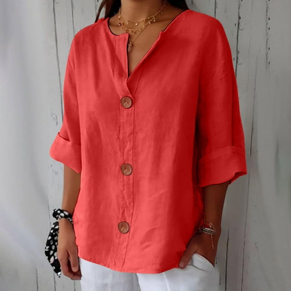 Yubnlvae 3/4 Sleeve Linen Blend Shirt - Lightweight Top for Spring/Summer Workwear Or Smart Outfits, Women's Peplum T-Shirt Puff Sleeve V-Neck Summer Casual Office Blouse, Red, S