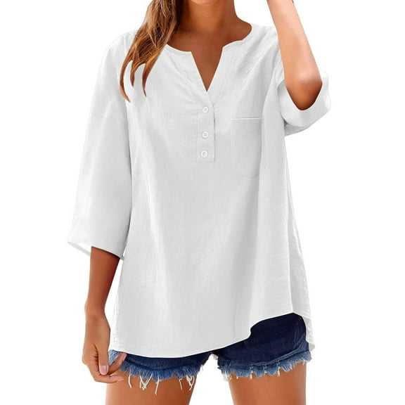 Yubnlvae 3/4 Sleeve Linen Tops for Women - 2025 Trendy Boho Button-Up Shirts (Cotton Blend, Vacation Ready) White 5XL