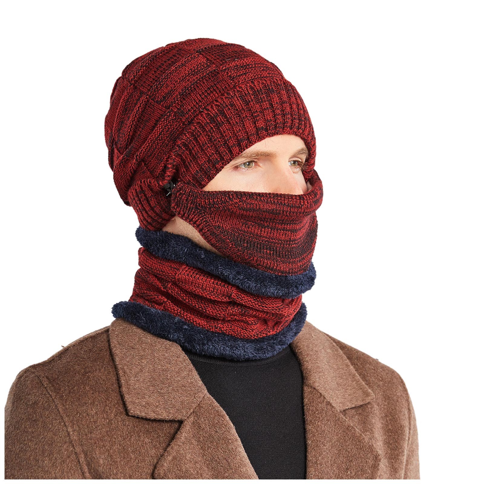 TARINO 3 In 1 Winter Warm Cap Set - Hat, Scarf & Mask All One, Knitted With Ear Protectors, Black - View #6