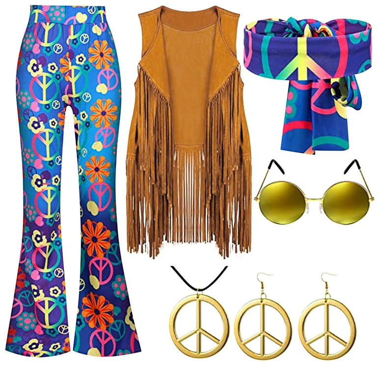 Yubnlvae 6 Pcs Women s 70s Outfits for Women Hippie Party Retro Clothing Tassel Vest Pants Headscarf Earrings Glasses Necklace Accessories Set Blue Mardi Gras Walmart