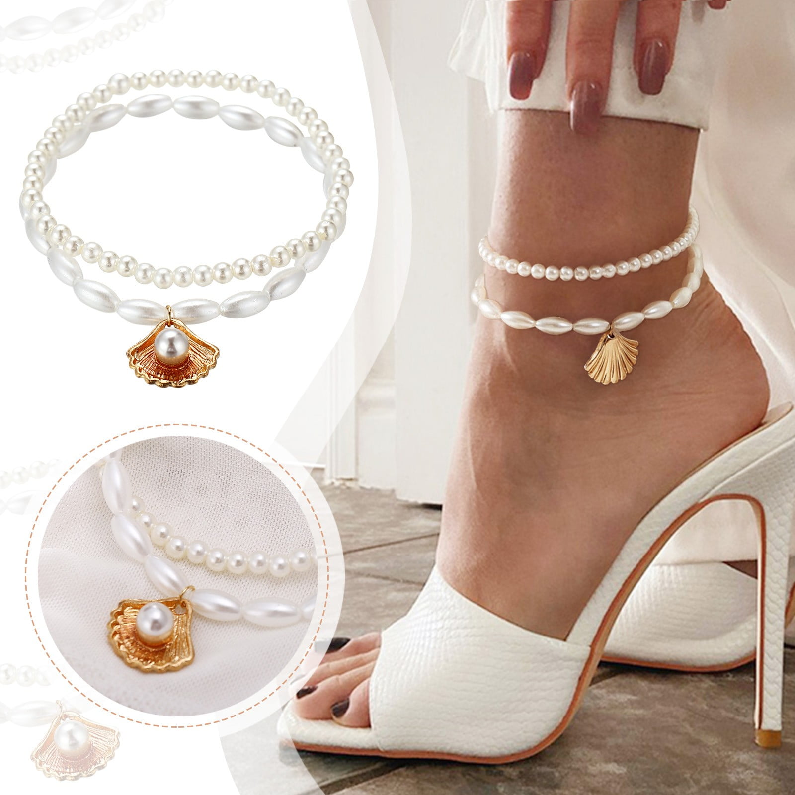 Yubnlvae Anklet Boho Double Layer Anklets for Women Pearl Seashell