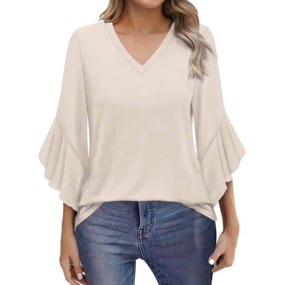 Yubnlvae Beige Blouses for Women Casual 3/4 Length Sleeve Womens Tops V Neck Tshirts Shirts with Flared Sleeve, L