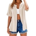 thumbnail image 1 of Yubnlvae Short Sleeve Linen Shirt - Women's Collarless Button-Down Top, Breathable Casual Oversized T-Shirt Style Blouse (Beige | 3XL), 1 of 5