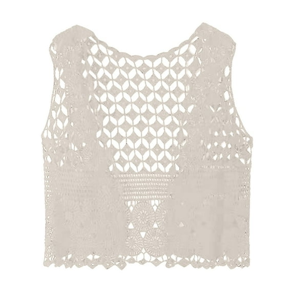 Yubnlvae Beige Women's Crochet Top Lace Vest Crewneck Crochet Hollow Out Cover up Summer Going Out Tops, One Size