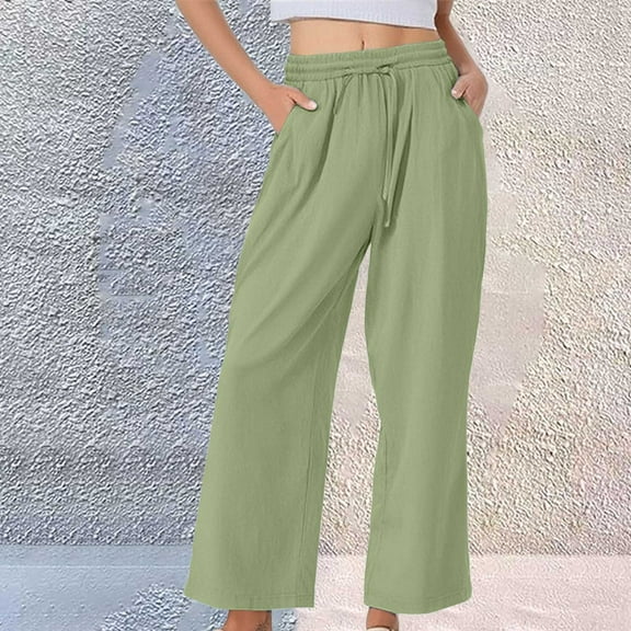 Yubnlvae Best-Selling Cotton Linen Wide-Leg Pants - Drawstring Waist with Pockets for Travel Or Daily Use, Women's Corduroy Shorts High Waist Summer Drawstring Casual Wide Leg Beach Pants, Green1, S