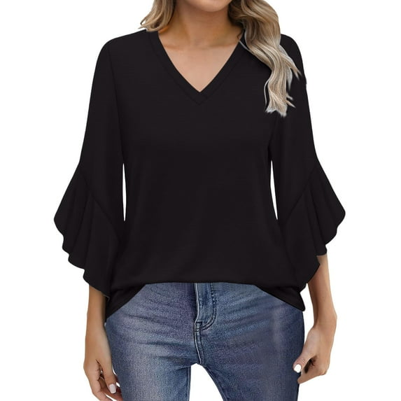 Yubnlvae Black Blouses for Women Casual 3/4 Length Sleeve Womens Tops V Neck Tshirts Shirts with Flared Sleeve, L