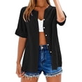 thumbnail image 1 of Yubnlvae Short Sleeve Linen Shirt - Women's Collarless Button-Down Top, Breathable Casual Oversized T-Shirt Style Blouse (Black | S), 1 of 5