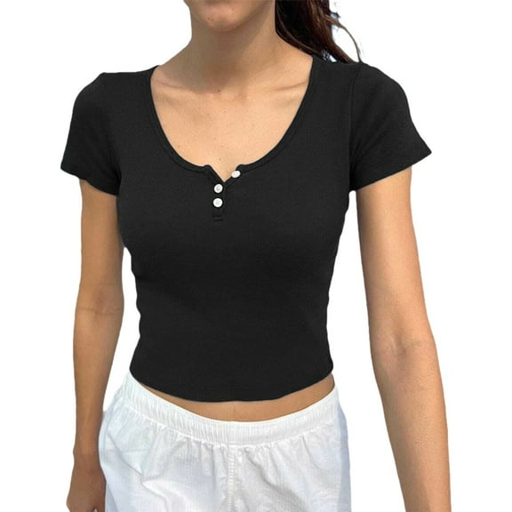 Yubnlvae Black Summer Women's Y2K Waist Ribbed Button Collar Short Sleeve T Shirt Trendy Vintage Streetwear Top, M