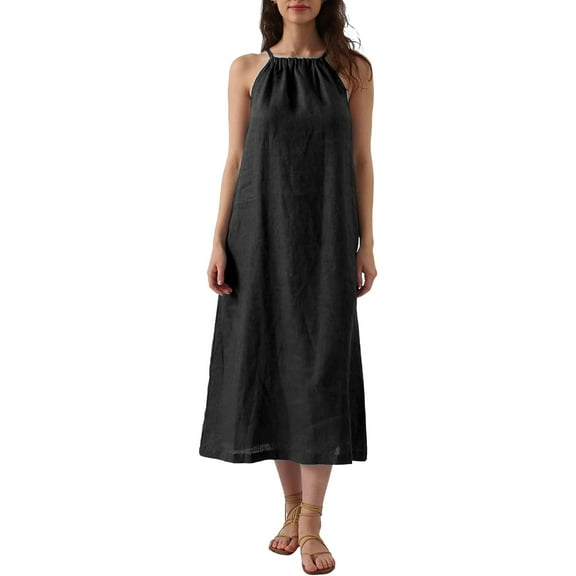 Yubnlvae Black Women's Cotton And Linen Dress with A Neck Sleeveless And Solid Color., S