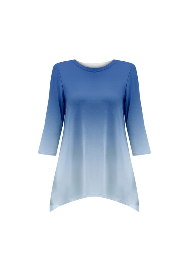 Blue Casual Loose Round Neck Mid Length Sleeve Ladies Top Asymmetrical, Xl