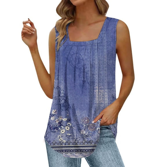 Yubnlvae Blue Summer Tank Tops for Women 2025 Loose Fit Pleated Square Neck Sleeveless Shirt Curved Flowy Vest Basic Cotton Tee, Xxl