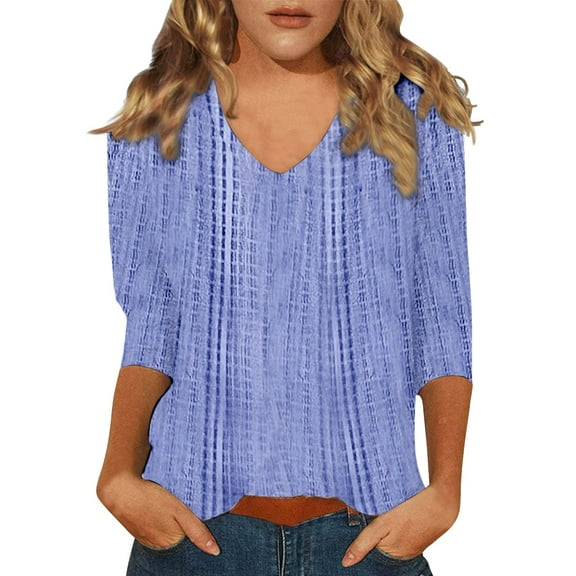Yubnlvae Blue Womens Tops 3/4 Sleeve Summer Print Plain Travel Cute Tops V Neck Slim Fit Half Sleeve Tshirts Shirts Spring Blouse, L