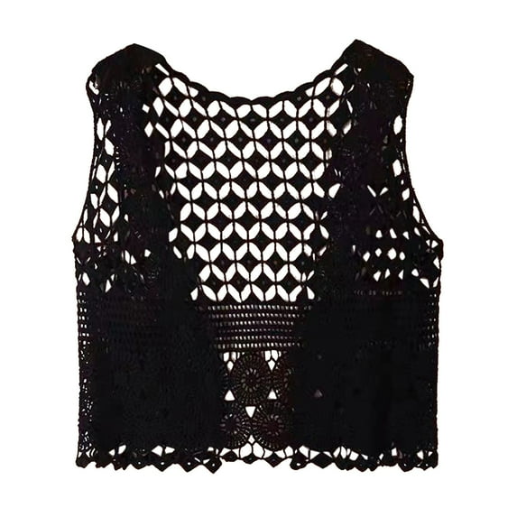 Yubnlvae Boho Crochet Hollow Out Vest - Summer Lace Cover-Up Top - Vintage Crewneck Beachwear for Layering (One Size) (Black | One Size)