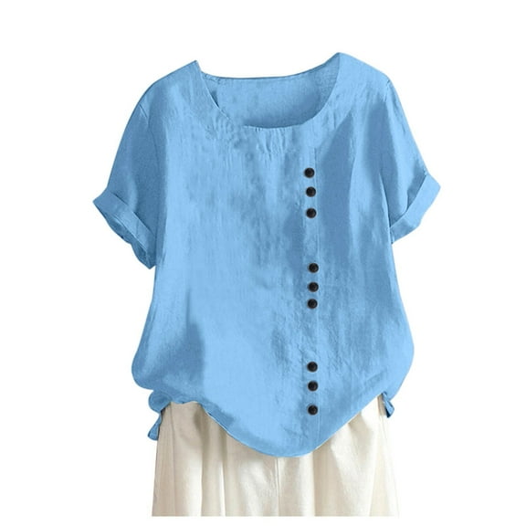 Yubnlvae Casual Boho Stripe Blouse (Lace Detail), Womens Casual Loose Button Linen Plus Size Daily Boho Tanic T-Shirt Blouse Topsclearance! Solid, Round Neck, Blue, S