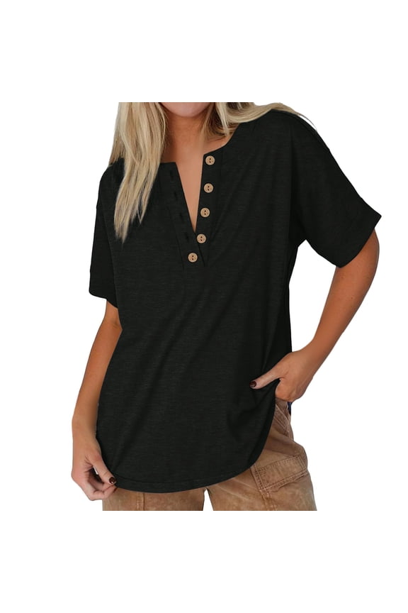 Casual V-Neck T-Shirts for Women - Short Sleeve Solid Color Tops (Soft Cotton, Daily Wear Essential) Black XXL