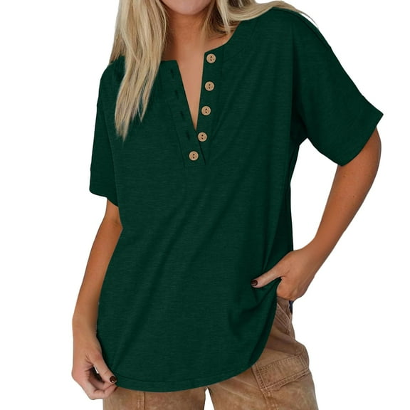 Yubnlvae Casual V-Neck T-Shirts for Women - Short Sleeve Solid Color Tops (Soft Cotton, Daily Wear Essential) Green XL