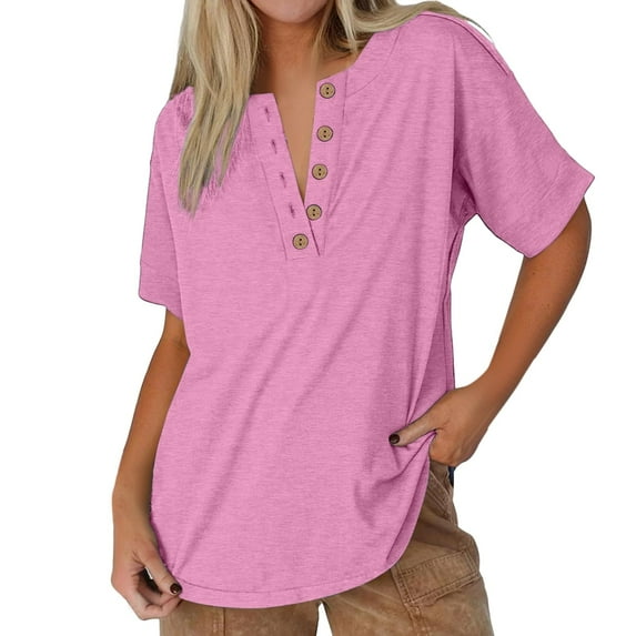 Yubnlvae Casual V-Neck T-Shirts for Women - Short Sleeve Solid Color Tops (Soft Cotton, Daily Wear Essential) Pink XL