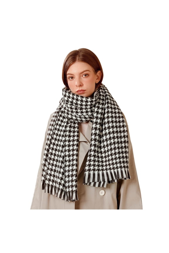 Casual Warm Women's Muffler Houndstooth Fashion Printing Winter Tassel Soft Scarf Black