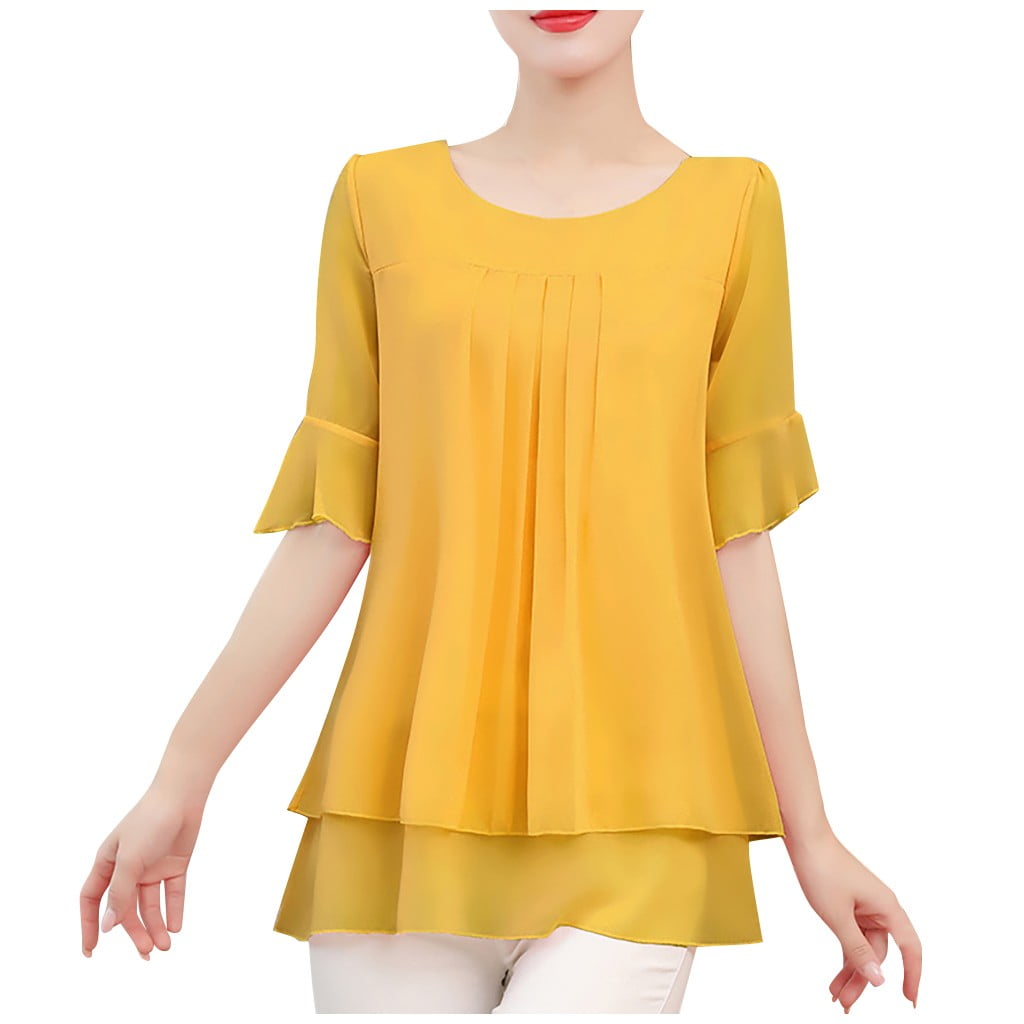 Yubnlvae Chiffon Top Women Fashion Size Sleeve Lady Casual Blouse Chiffon  Short Shirt Top Plus Solid Women's Blouse Yellow Xl