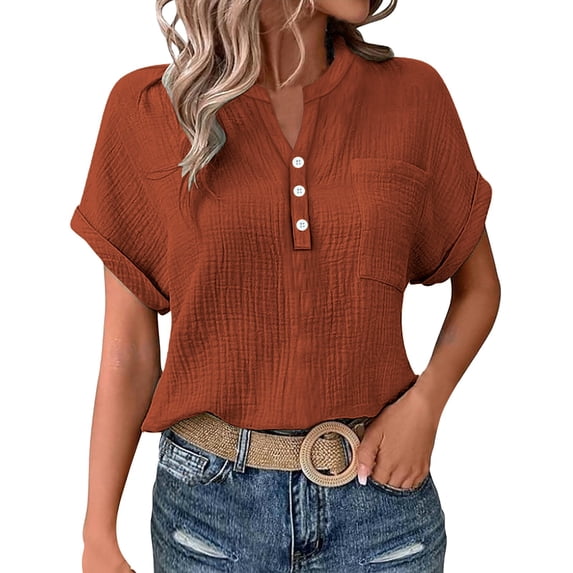 Yubnlvae Coffee Womens Blouses Casual Tops Batwing Sleeve Pocket Patched Shirt Casual Work T Shirts Double Layer Wrinkled Fabric, M