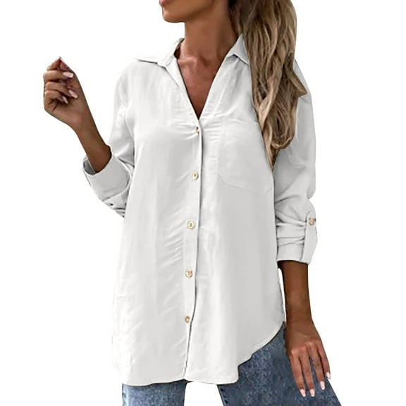 Yubnlvae Cotton-Linen Button-Up Shirts - 2025 Casual V-Neck Tops for Women (Breathable, Solid Color Chic) White M