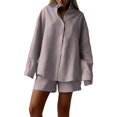 thumbnail image 1 of Yubnlvae Cotton Linen Lounge Set - Women's Long Sleeve Cardigan & Shorts Outfit, Minimalist Solid Color Comfortable Home Wear Ensemble (Grey | L), 1 of 9