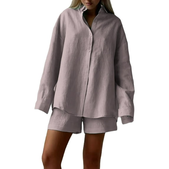 Yubnlvae Cotton Linen Lounge Set - Women's Long Sleeve Cardigan & Shorts Outfit, Minimalist Solid Color Comfortable Home Wear Ensemble (Grey | L)