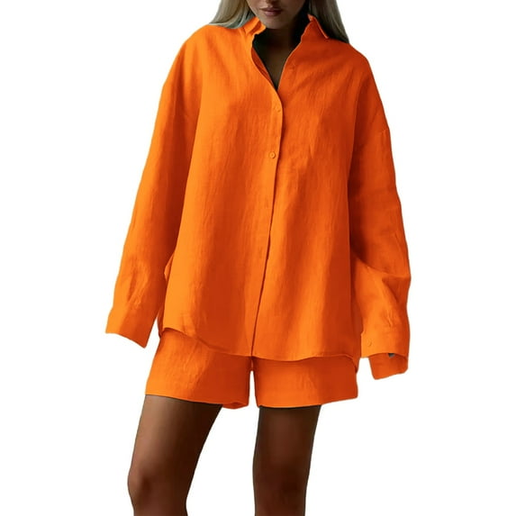 Yubnlvae Cotton Linen Lounge Set - Women's Long Sleeve Cardigan & Shorts Outfit, Minimalist Solid Color Comfortable Home Wear Ensemble (Red 2 | L)
